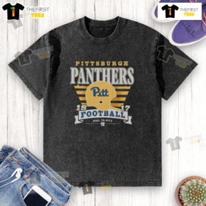 Alt Text: Premium Pittsburgh Panthers Vintage Stripe Splash Washed T-Shirt in navy and gold, perfect for game day style.