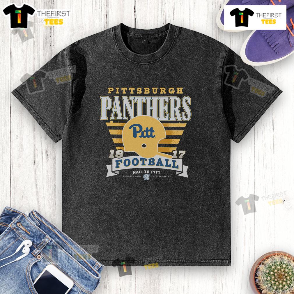Alt Text: Premium Pittsburgh Panthers Vintage Stripe Splash Washed T-Shirt in navy and gold, perfect for game day style.