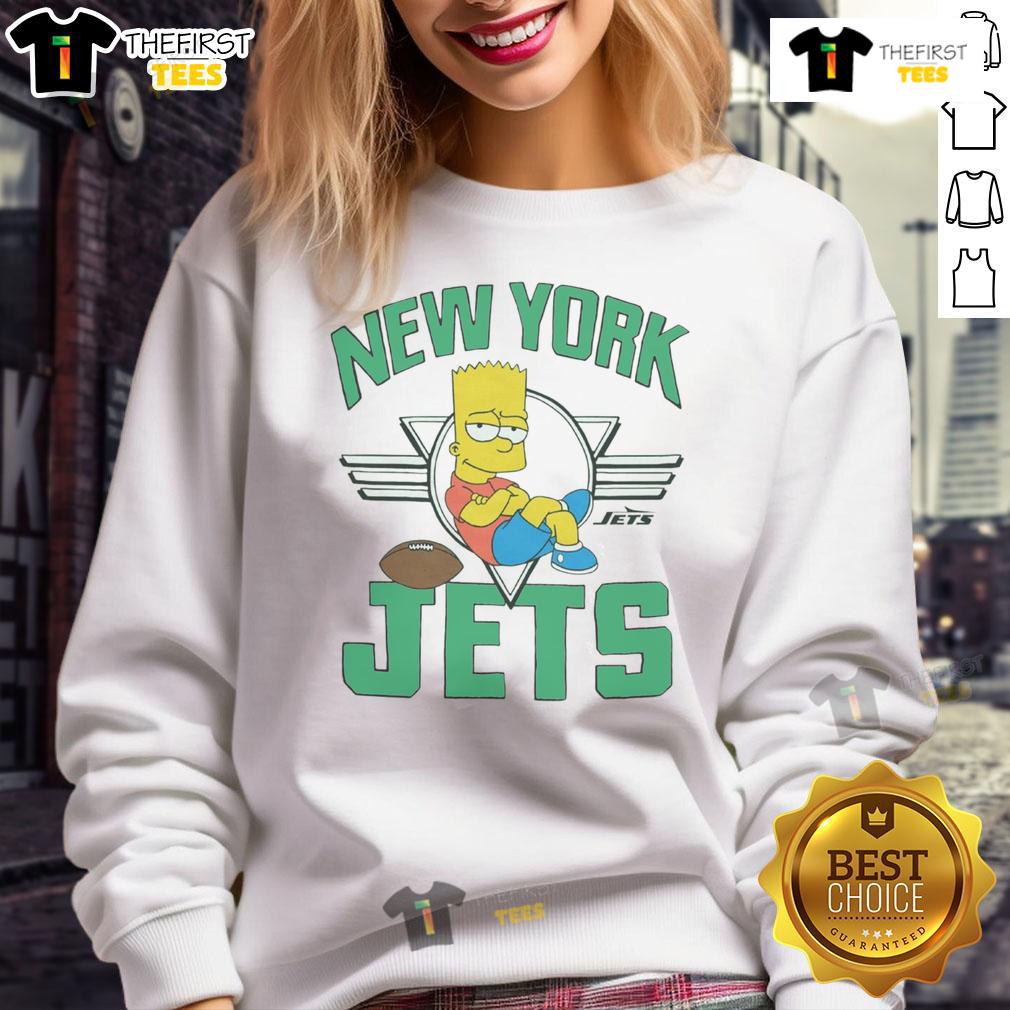 Alt Text: Premium The Simpsons Bart X New York Jets sweatshirt featuring vibrant graphics and cozy design for fans.