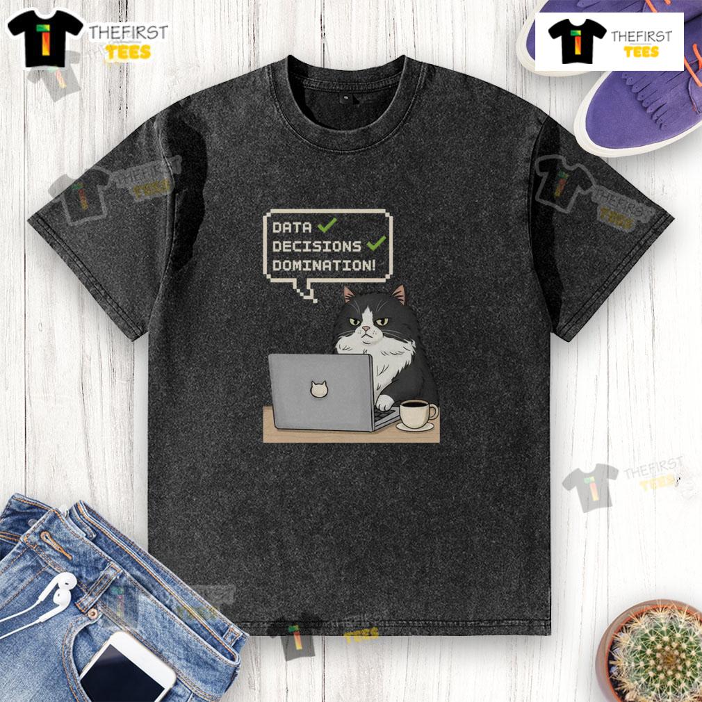 Pretty cat graphic on a washed t-shirt, showcasing data decisions domination in a trendy, casual style.