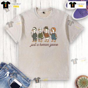 Pretty Just A Horror Goose Halloween washed t-shirt featuring a spooky goose design, perfect for Halloween festivities.
