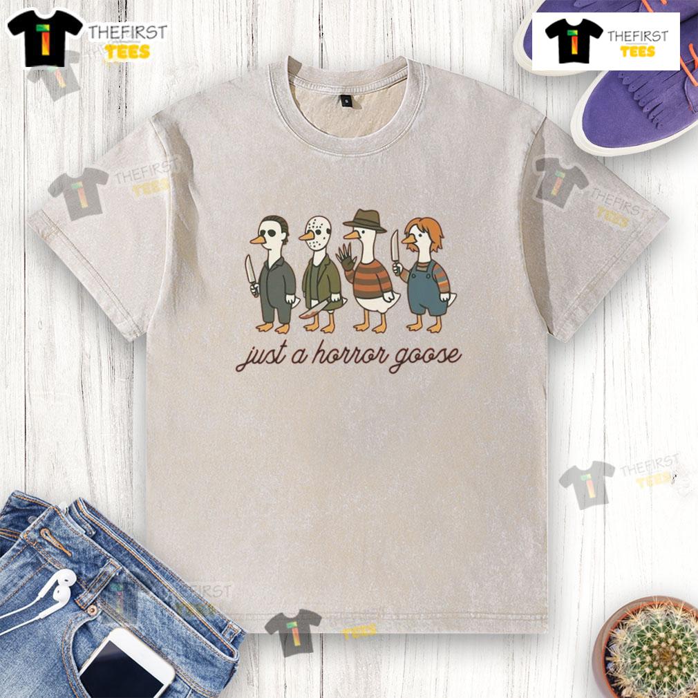 Pretty Just A Horror Goose Halloween washed t-shirt featuring a spooky goose design, perfect for Halloween festivities.