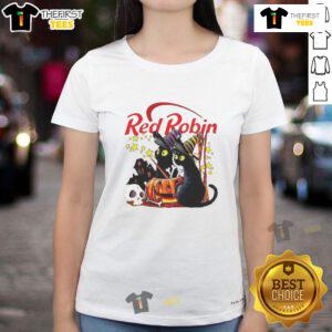 Pretty red robin and black cat at a haunted house on a Halloween ladies tee with a pumpkin design.