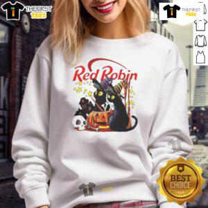 Alt Text: Pretty red robin, black cat, and pumpkin on a haunted house Halloween sweatshirt for festive fall style.