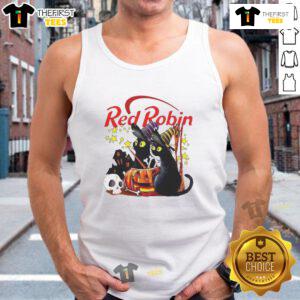 Pretty red robin perched on a black cat beside a pumpkin near a haunted house on a Halloween tank top design.