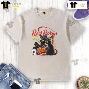 Alt Text: Pretty red robin and black cat with pumpkins near a haunted house on a Halloween washed t-shirt.