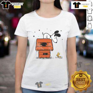 Pretty Snoopy and Woodstock haunted doghouse design on a ladies tee, perfect for Halloween and Peanuts fans.