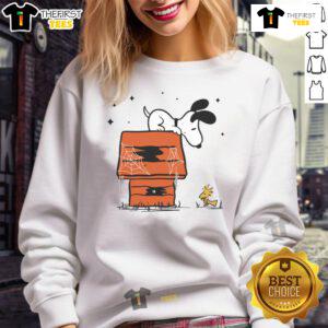 Pretty Snoopy Woodstock Haunted Doghouse Sweatshirt featuring vibrant colors and playful Halloween design for dog lovers.