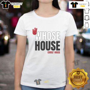 Pretty Whose House Coogs House hand sign on a stylish ladies tee, perfect for fans showcasing school spirit and pride.
