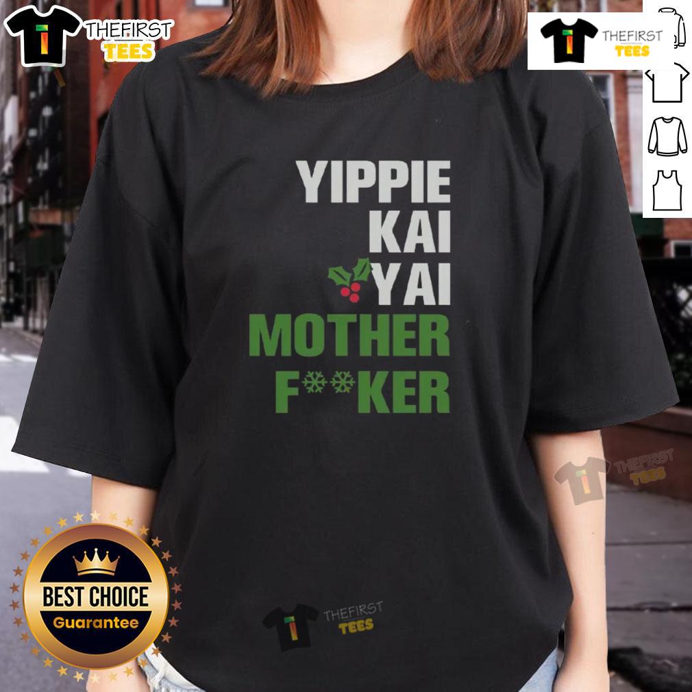 Alt Text: Front and back view of the Pretty Yippie Kai Yay ladies tee, featuring vibrant graphics and a stylish design.