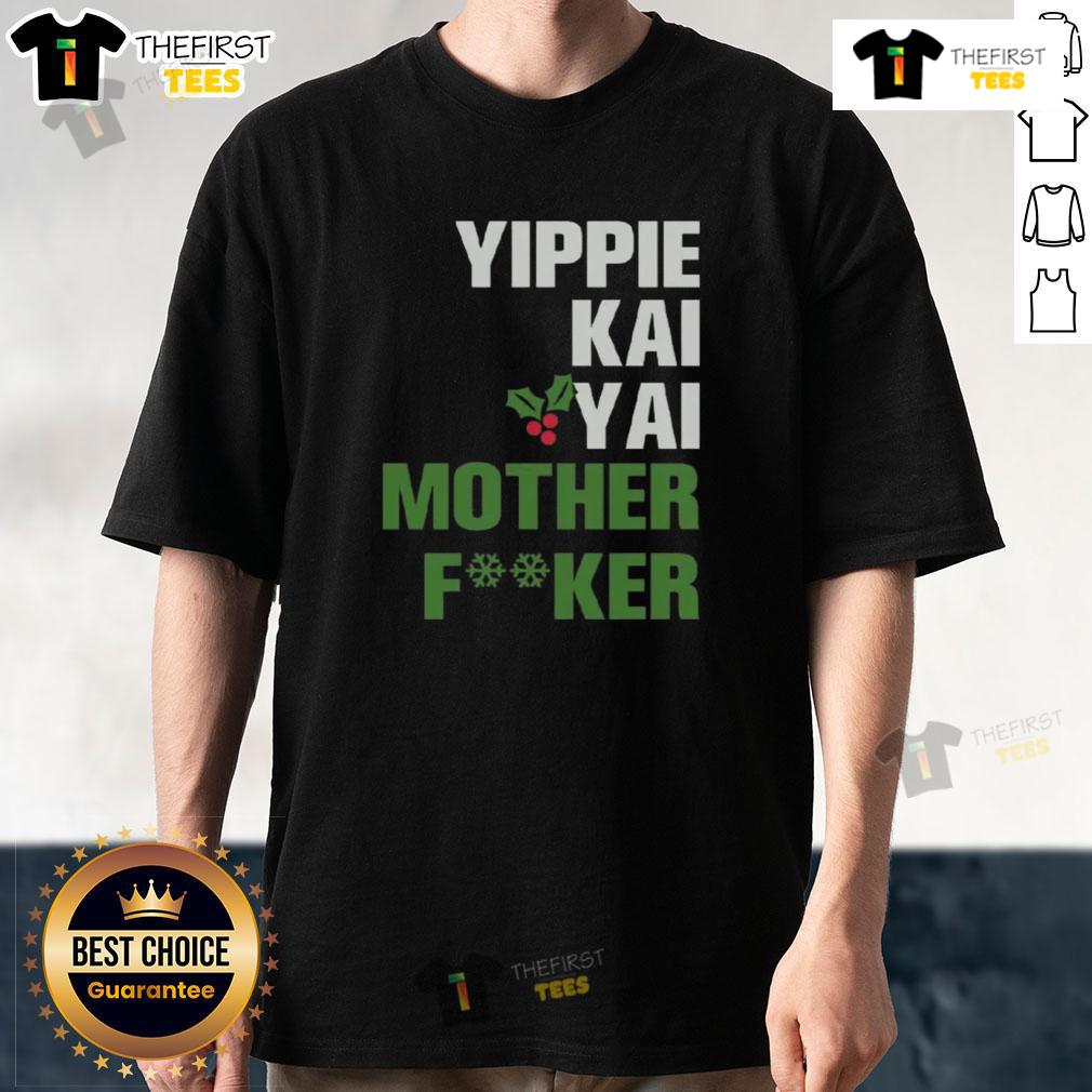 Front and back view of Pretty Yippie Kai-Yay printed T-shirt showcasing vibrant design and comfortable fit.