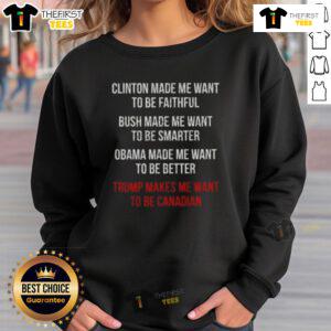 Top Donald Trump Makes Me Want to Be Canadian sweatshirt design featuring bold text and a playful graphic.