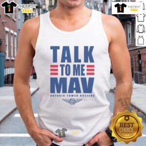 Alt Text: Top Ontario Tower Buzzers Talk To Me Mav tank top featuring vibrant colors and a trendy design for summer fashion.
