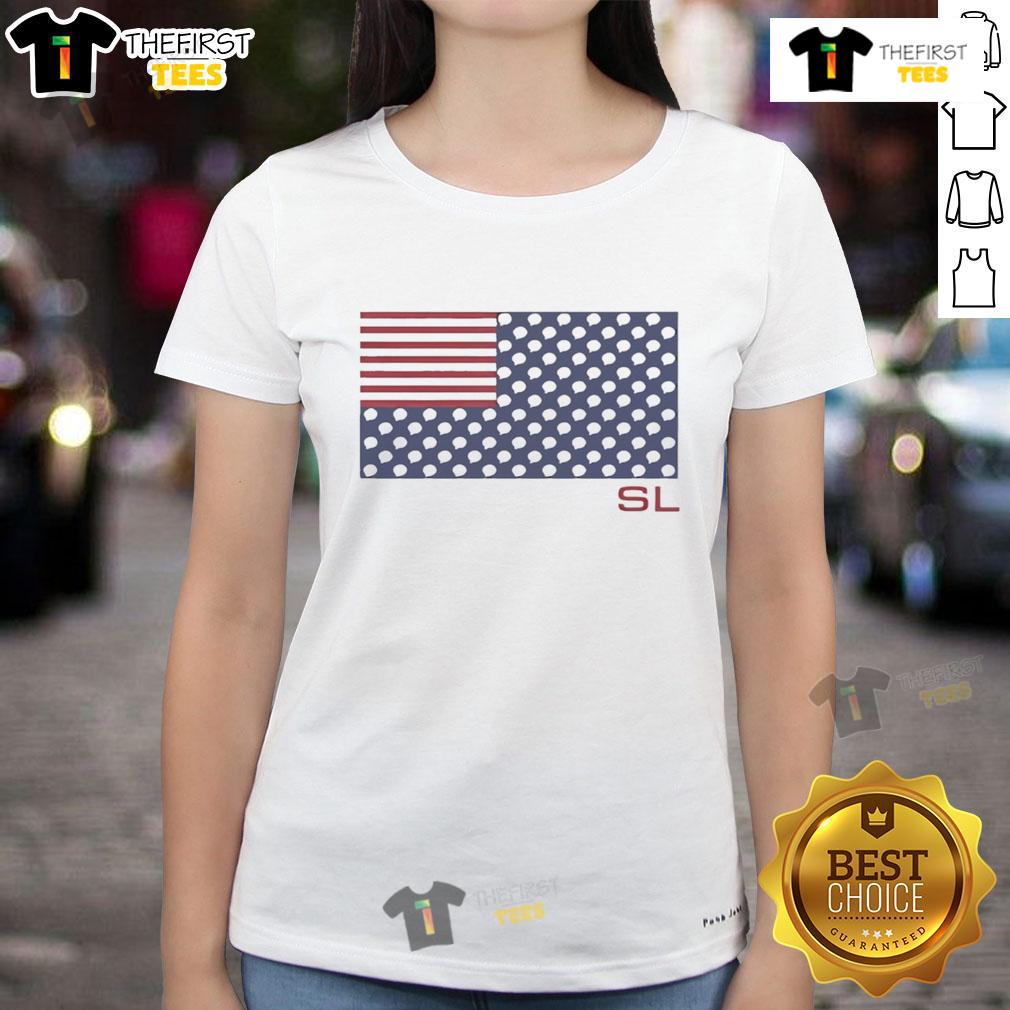 Stylish ladies tee featuring a top view of an American flag design adorned with light bulbs, perfect for patriotic fashion.