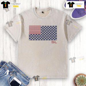 Alt Text: Stylish American flag washed t-shirt with light bulbs design, perfect for casual wear and patriotic occasions.