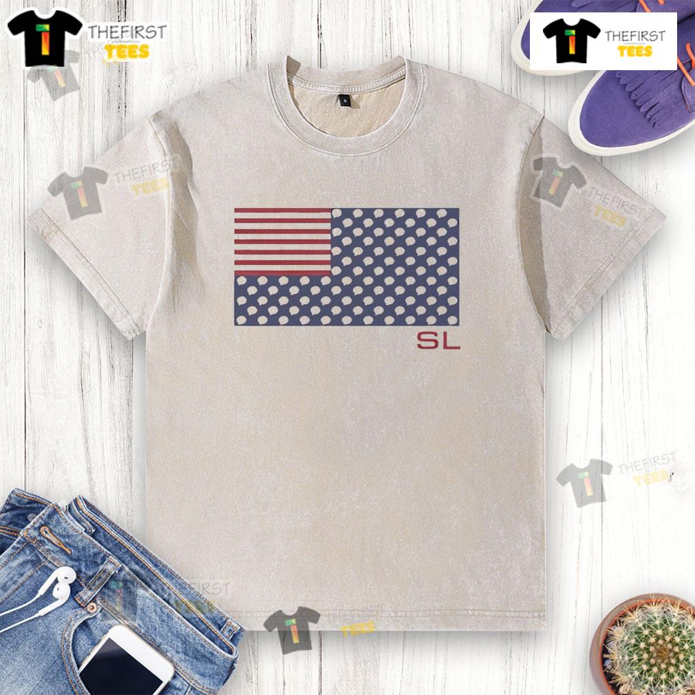 Alt Text: Stylish American flag washed t-shirt with light bulbs design, perfect for casual wear and patriotic occasions.