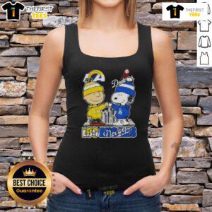 Top Snoopy and Charlie Brown tank top featuring Los Angeles Rams and Dodgers skyline design, perfect for sports fans.