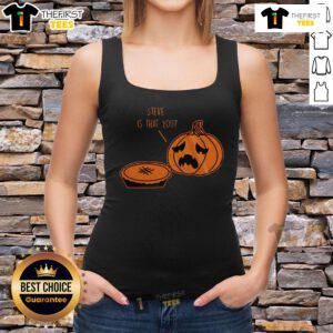 Alt Text: Humorous Halloween Thanksgiving pumpkin pie joke tank top featuring playful text and festive graphics.