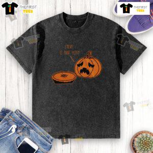 Funny Halloween Thanksgiving pumpkin pie joke t-shirt featuring a playful design, perfect for festive celebrations.