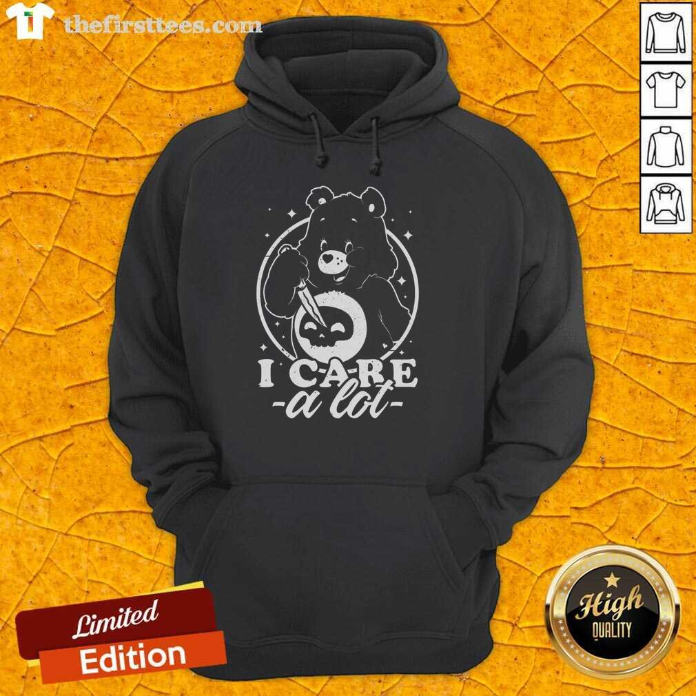 Alt Text: Adorable Cute Death Bear hoodie with I Care A Lot design, perfect for cozy, casual outfits and unique fashion lovers.
