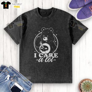 Cute Death Bear I Care A Lot washed t-shirt featuring a playful bear design on a soft fabric background.
