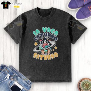 Funny Brainrot La Vaca Saturno Saltunita washed t-shirt featuring a whimsical cow graphic in vibrant colors.