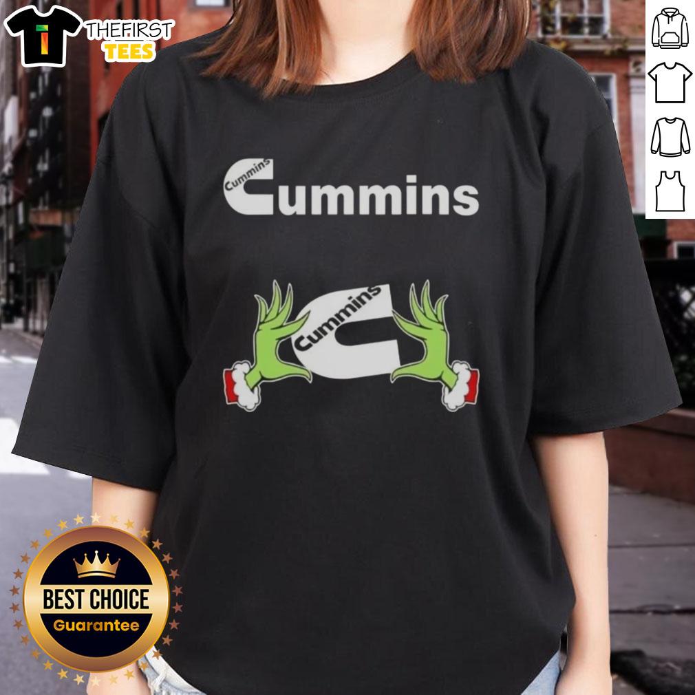 Funny Grinch hands holding a heart, promoting love for Cummins Christmas on a ladies tee shirt.