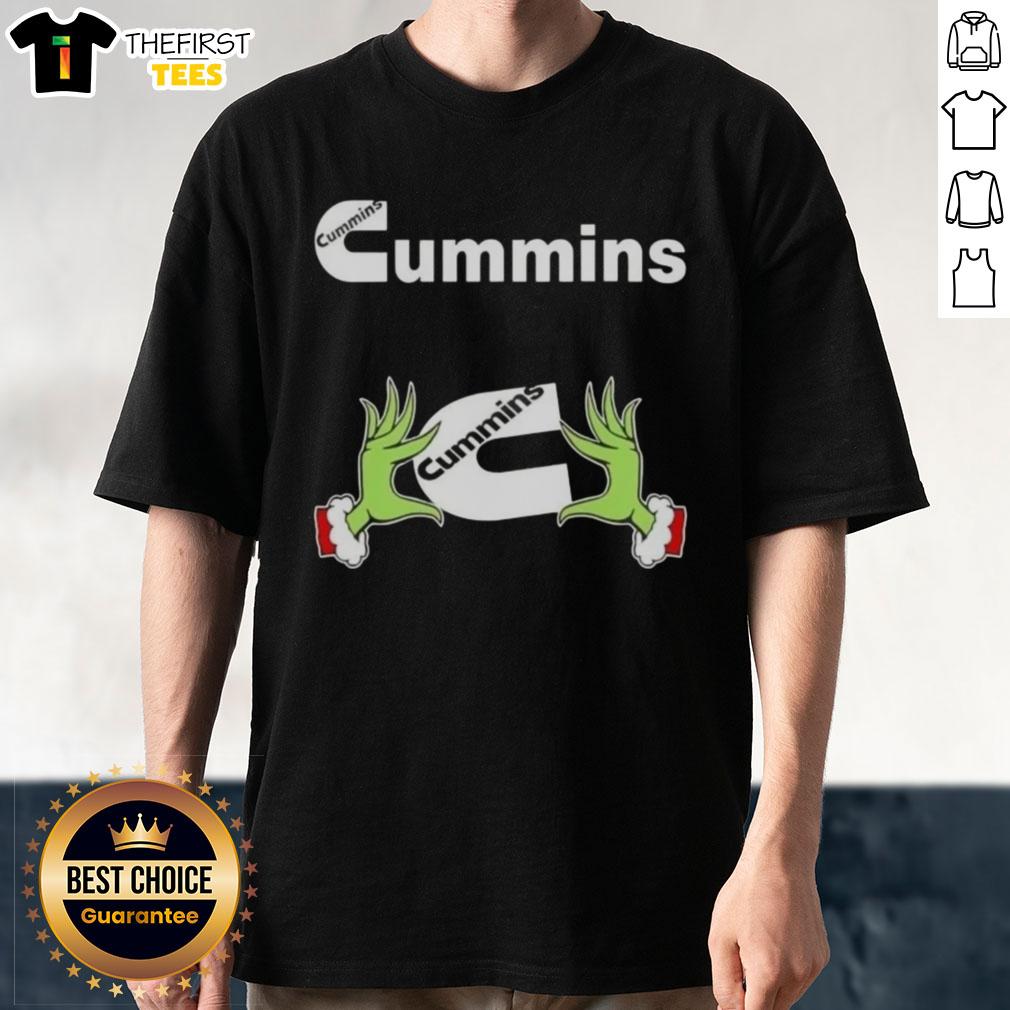 Funny Grinch hands holding a heart on a Cummins Christmas T-shirt, perfect for festive truck lovers and Grinch fans.