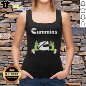Funny Grinch hands holding a heart, showcasing a love for Cummins in a festive Christmas tank top design.
