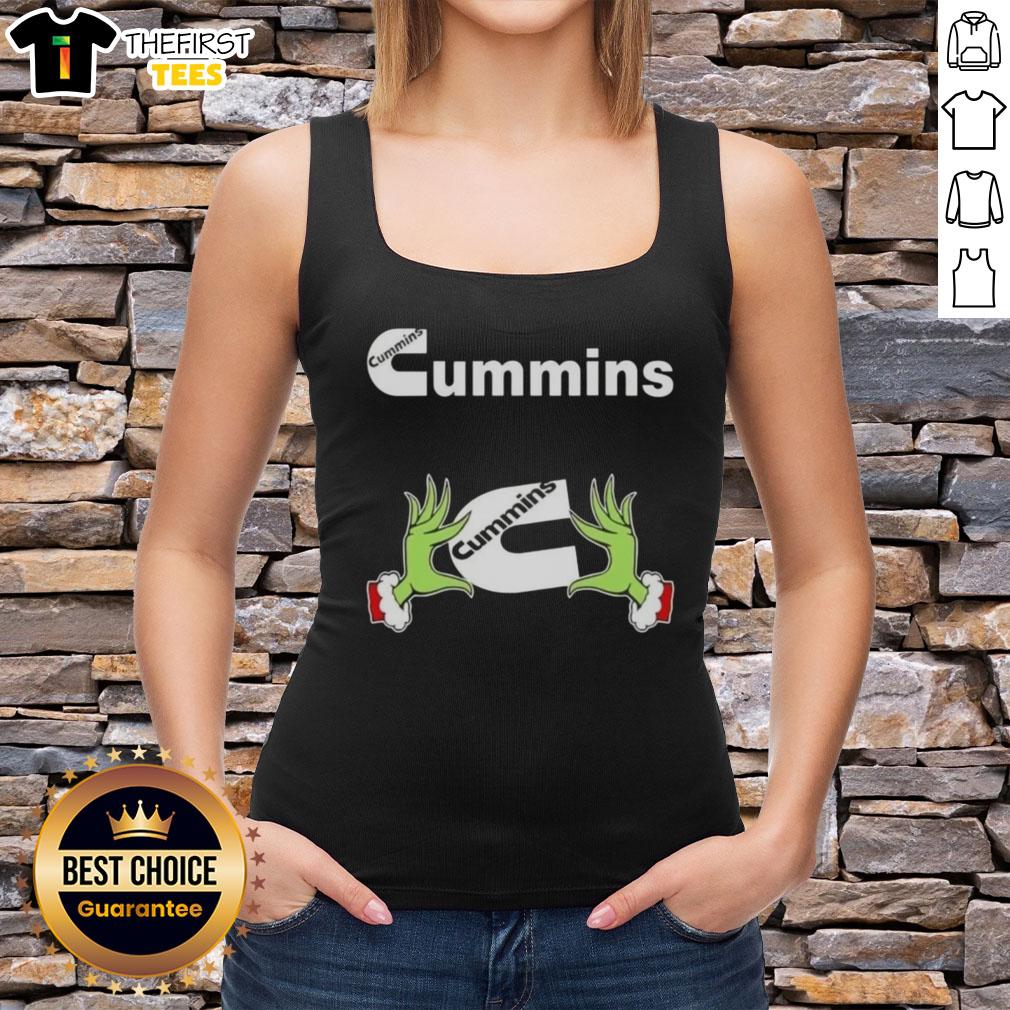 Funny Grinch hands holding a heart, showcasing a love for Cummins in a festive Christmas tank top design.