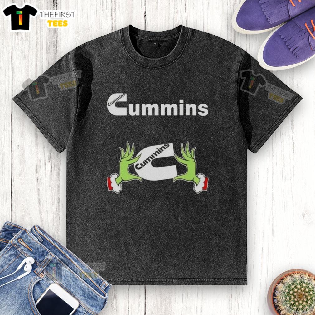 Funny Grinch hands holding a heart on a Cummins Christmas washed T-shirt, perfect for holiday cheer and truck lovers.