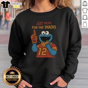 Funny 'I'm Just Here for the Snacks' Cookie Monster sweatshirt, perfect for snack lovers and casual wear enthusiasts.