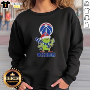 Alt Text: Good 2025 Washington Wizards Christmas Grinch Santa Hat Holiday Sweatshirt featuring festive design and team logo.