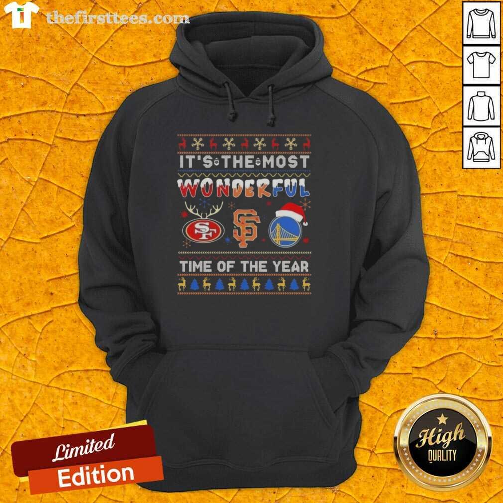 Cozy hoodie featuring San Francisco 49ers, Giants, and Warriors designs, perfect for celebrating the holiday season.