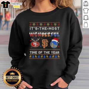 Cozy sweatshirt featuring San Francisco 49ers, Giants, and Warriors, perfect for the holiday season. Most wonderful time of the year!