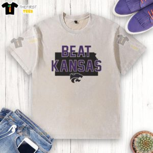 Alt Text: Hot Kansas State Wildcats Beat Kansas slogan washed t-shirt featuring bold graphics and team colors.