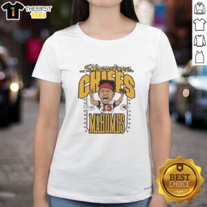 Caricature of Patrick Mahomes in a Kansas City Chiefs jersey on a ladies tee, perfect for football fans.