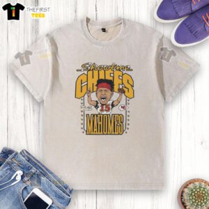 Hot Patrick Mahomes Kansas City Chiefs football caricature on a signature washed t-shirt, perfect for fans.