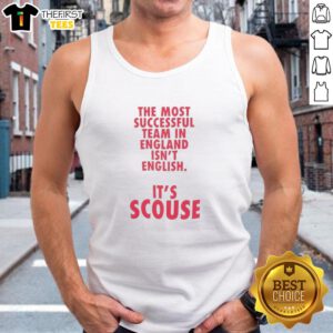 Red tank top featuring 'Nice Liverpool: The Most Successful Team in England Isn't English' slogan, celebrating Liverpool FC.