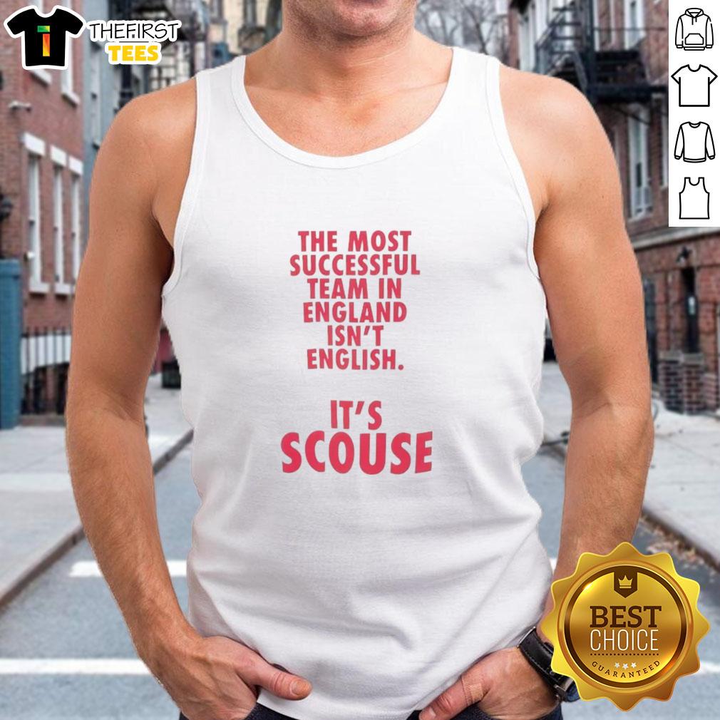 Red tank top featuring 'Nice Liverpool: The Most Successful Team in England Isn't English' slogan, celebrating Liverpool FC.