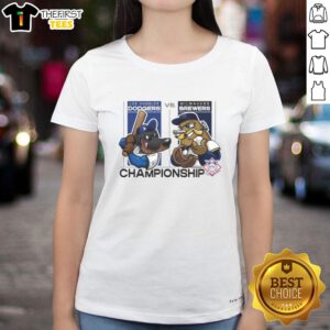 Alt Text: 2025 National Championship tee featuring Los Angeles Dodgers vs Milwaukee Brewers mascots, perfect for ladies.