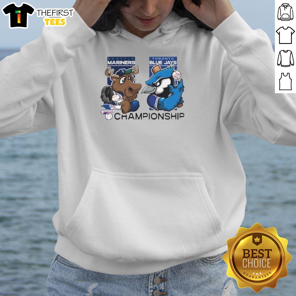 Seattle Mariners vs Toronto Blue Jays 2025 Championship hoodie featuring team mascots in vibrant colors.