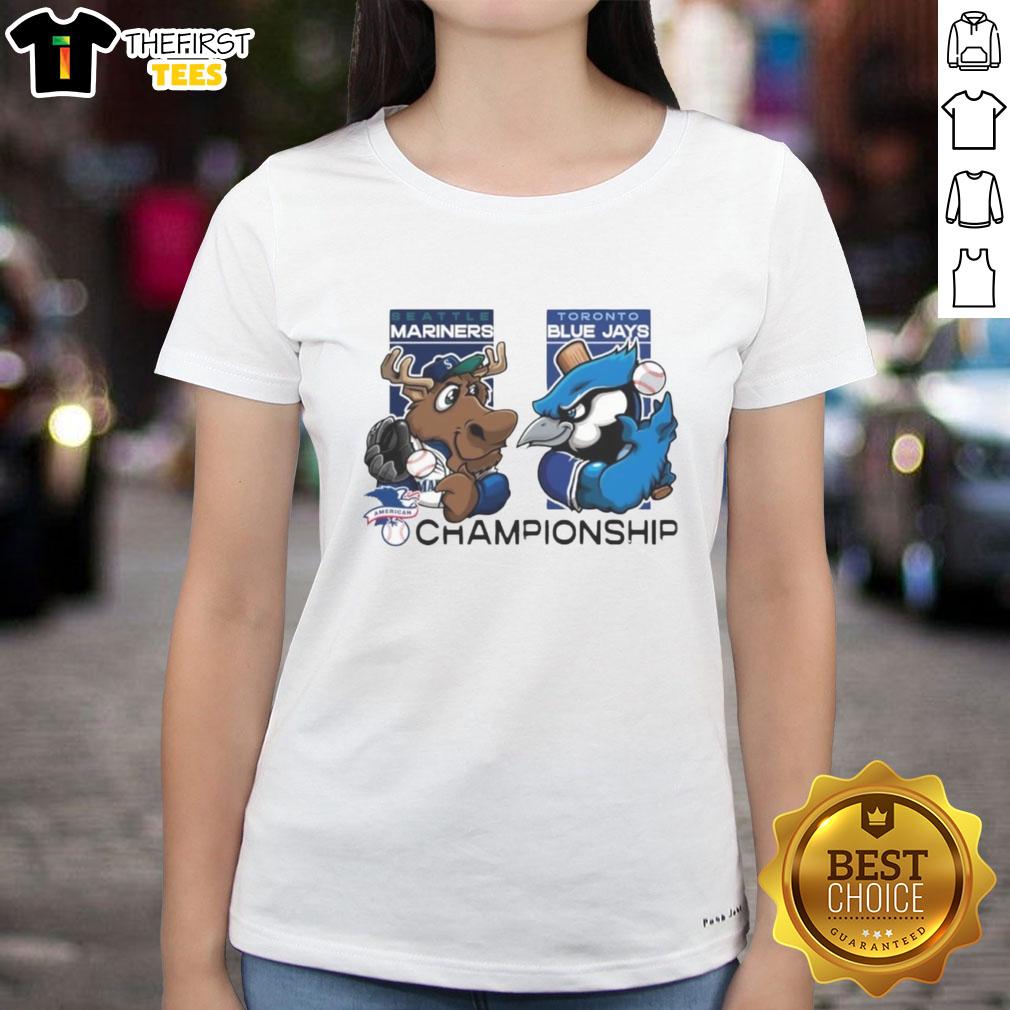 Seattle Mariners vs Toronto Blue Jays 2025 Championship ladies tee featuring vibrant team mascots and stylish design.