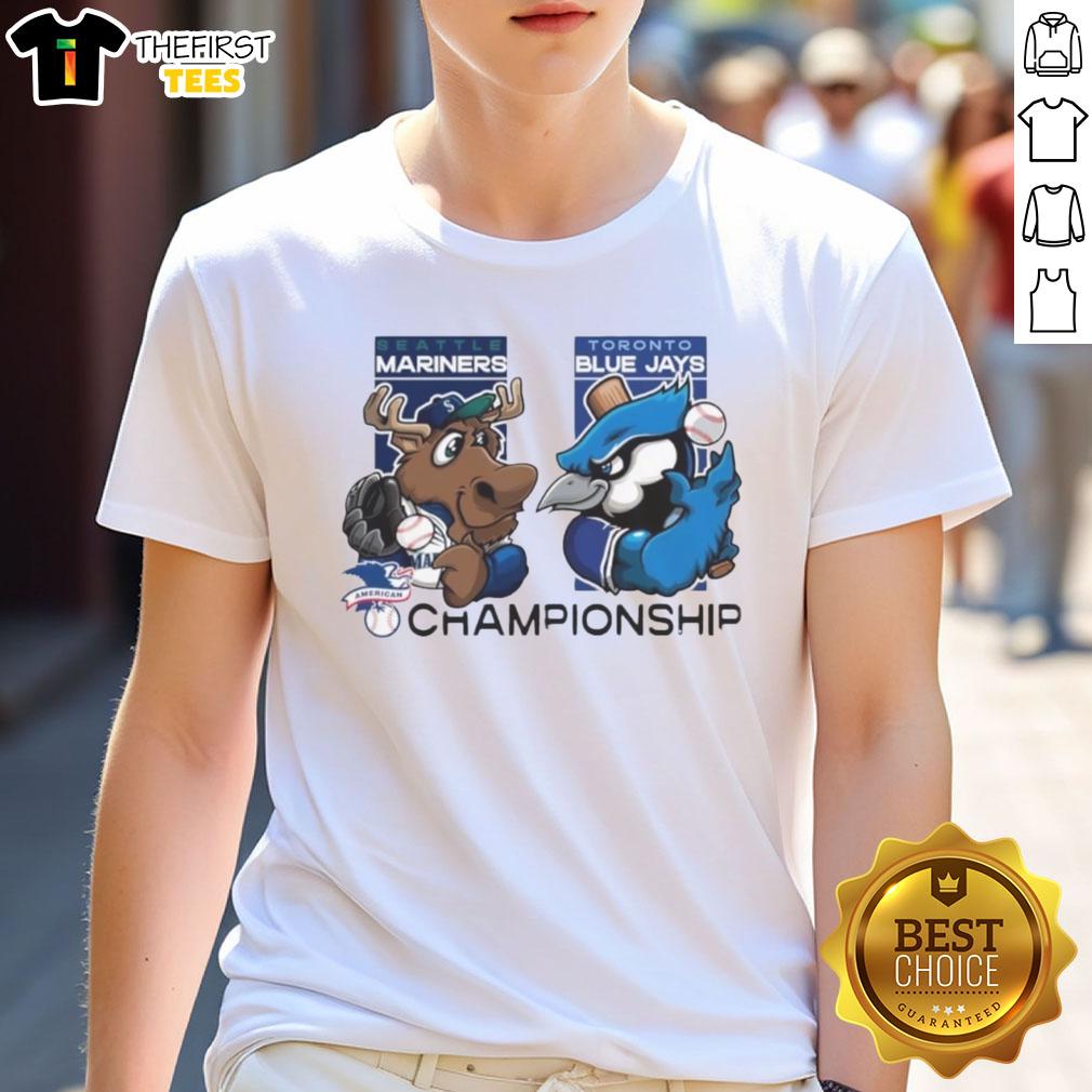 Seattle Mariners vs Toronto Blue Jays 2025 Championship mascot T-shirt featuring vibrant team graphics and colors.