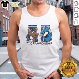 2025 Seattle Mariners vs Toronto Blue Jays championship mascot tank top featuring vibrant team colors and logos.