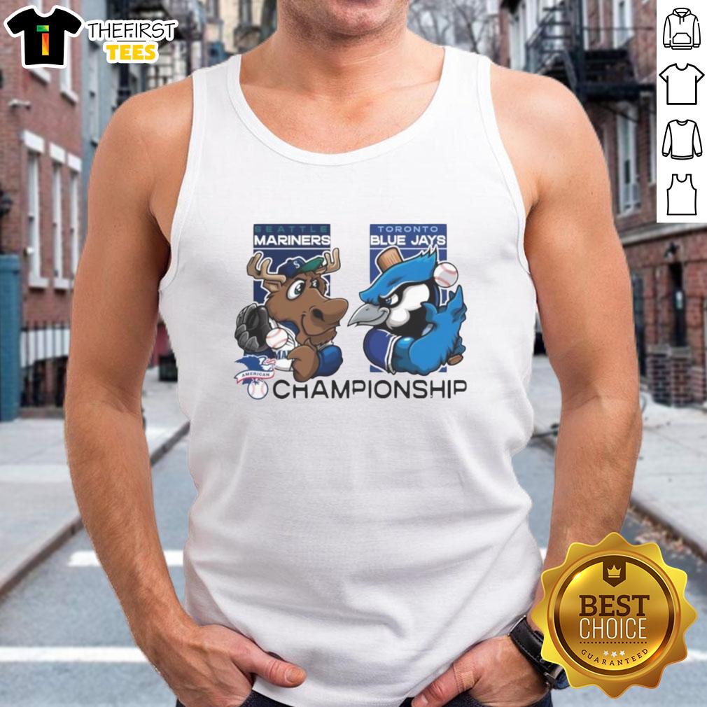2025 Seattle Mariners vs Toronto Blue Jays championship mascot tank top featuring vibrant team colors and logos.