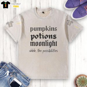 Alt Text: Official Pumpkins Potions Moonlight Ohhh The Possibilities washed t-shirt design featuring whimsical Halloween graphics.