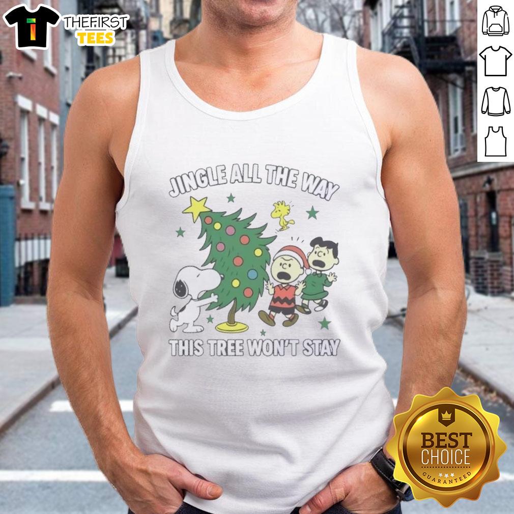 Alt Text: Original Peanuts Snoopy and Friends Jingle All The Way tank top featuring festive Christmas design.