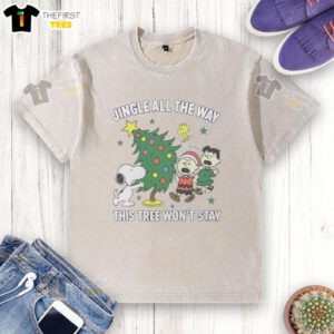 Original Peanuts Snoopy and Friends Jingle All The Way Christmas T-Shirt featuring festive designs and vibrant colors.