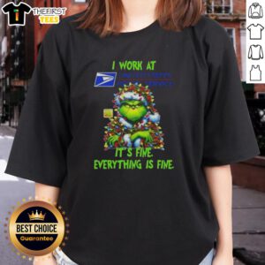 Premium Grinch Christmas Tree tee for ladies featuring 'I Work At Its Fine Everything Is Fine' design, perfect for festive cheer.